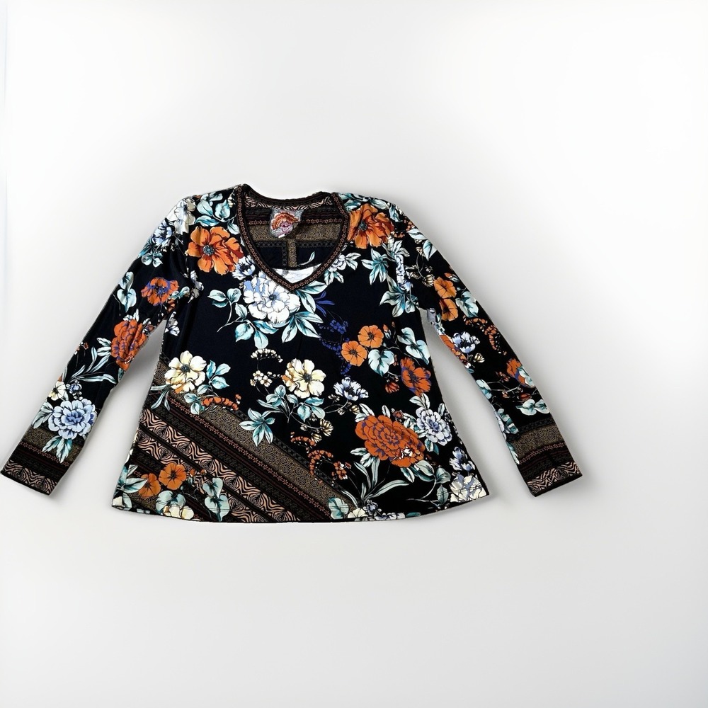 Johnny Was Floral Vneck Top Sz XS Tropical Bamboo Blend Stretch Boho Autumn Vibe
